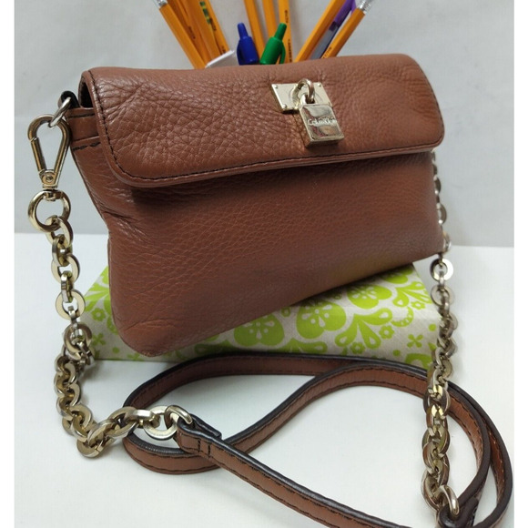 Calvin Klein Brown Pebbled Leather Chain Strap Flap Closure Small Crossbody Bag - Picture 16 of 16